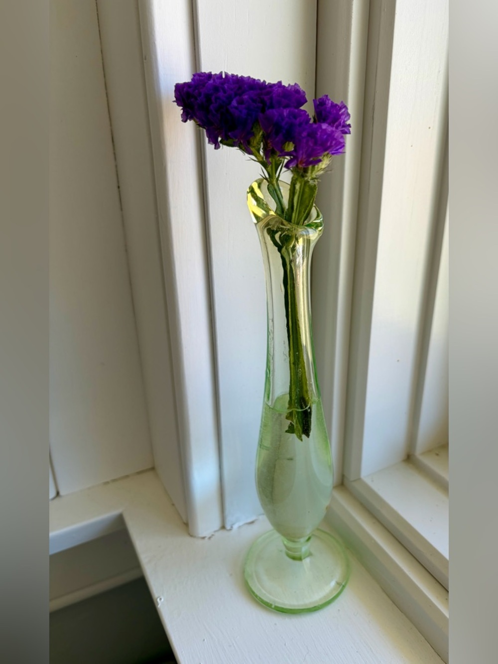 Vintage Green Glass Bud Vase Iridescent Swung Style Tall Narrow Floral Vase
